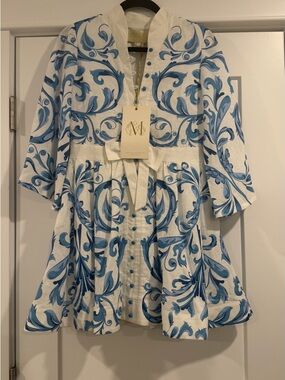 NWT ivory and Blue Printed Mini Dress